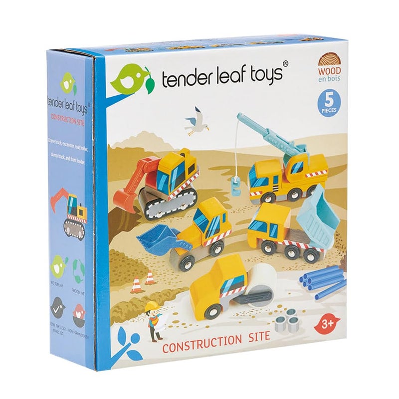 Tender Leaf Toys - Construction Site - Four Heavy Vehicles with Crane Truck, Road Roller, Dump Truck and Front Loader - Build Your Own Construction Site and Develops Fine Motor Skills for Children 3+ - Image 5